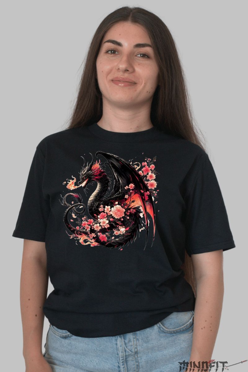 Tricou cu Dragon Negru dama negru fata