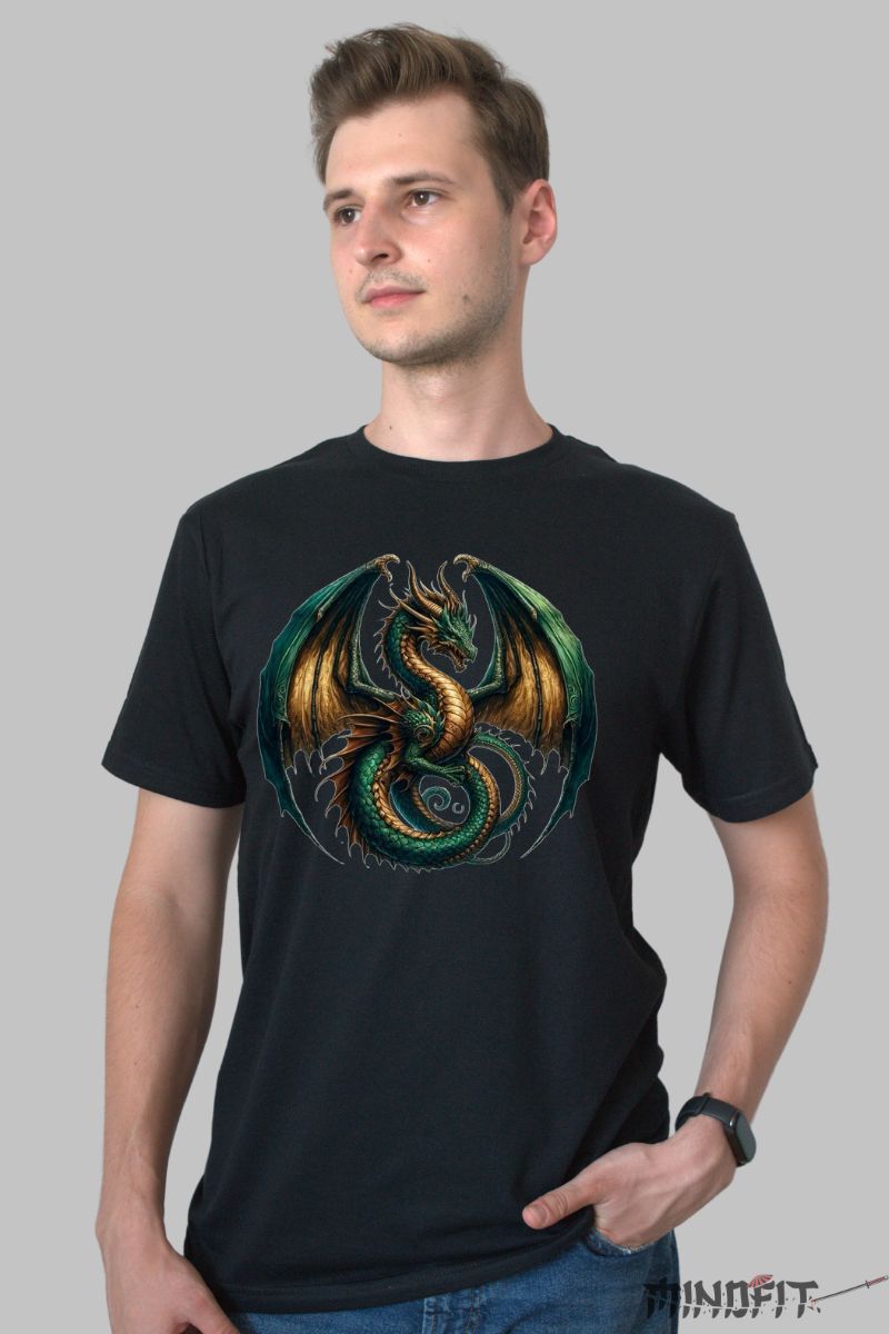 Tricou cu Dragon Verde barbat negru fata