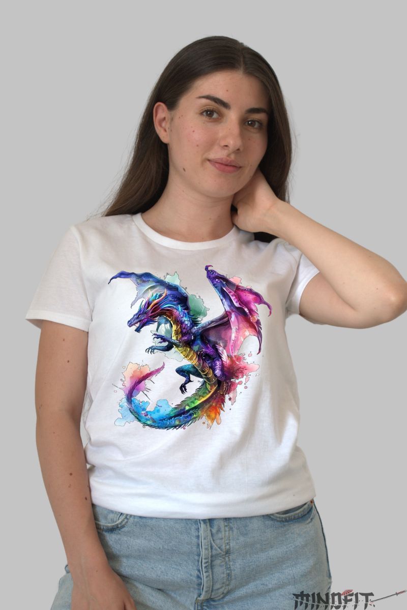 Tricou cu Dragon Viu Colorat dama alb fata