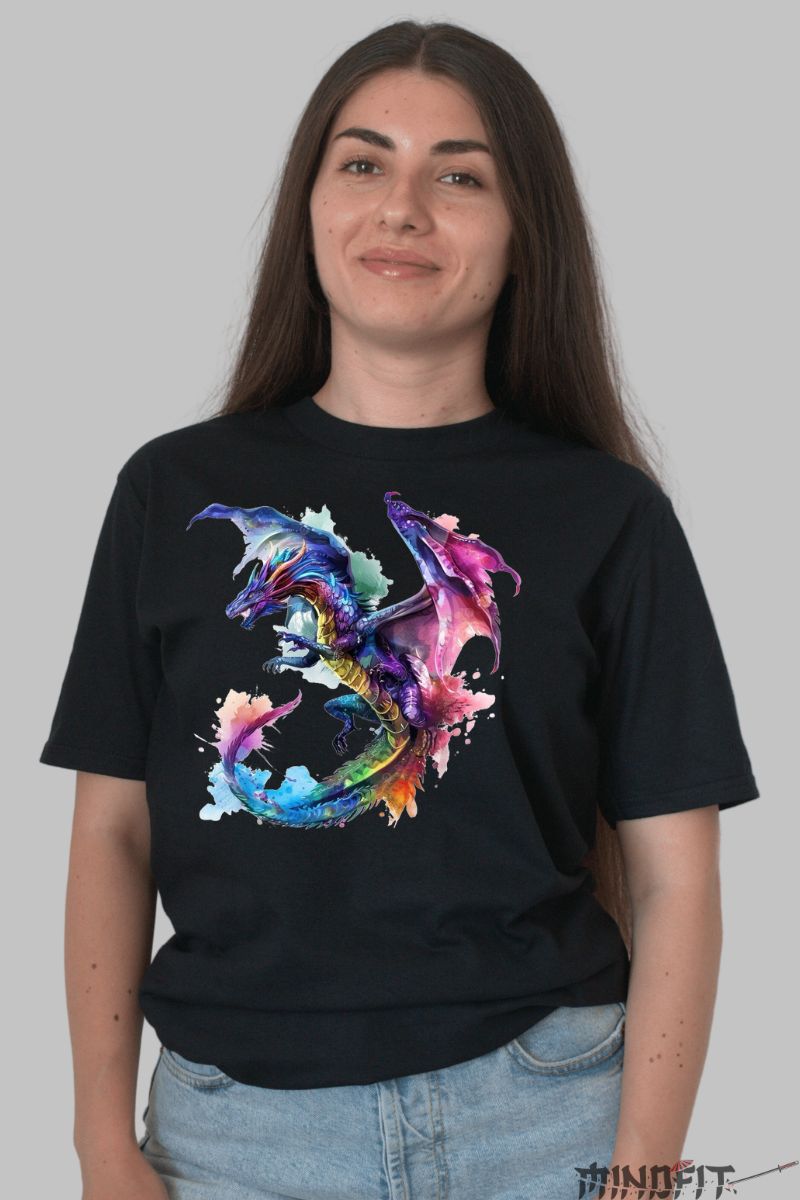 Tricou cu Dragon Viu Colorat dama negru fata
