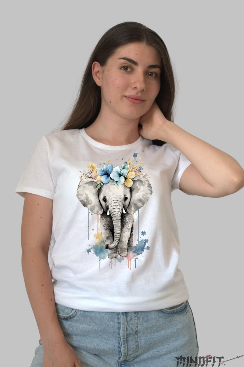 Tricou cu Elefant Cute dama alb fata
