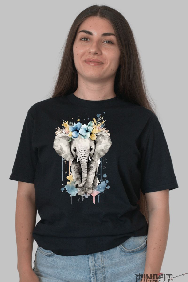 Tricou cu Elefant Cute dama negru fata