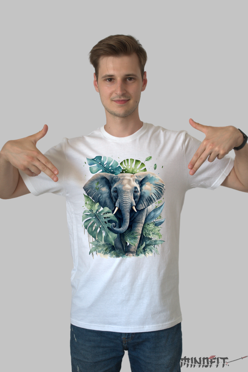 Tricou cu Elefant in Savana barbat alb fata