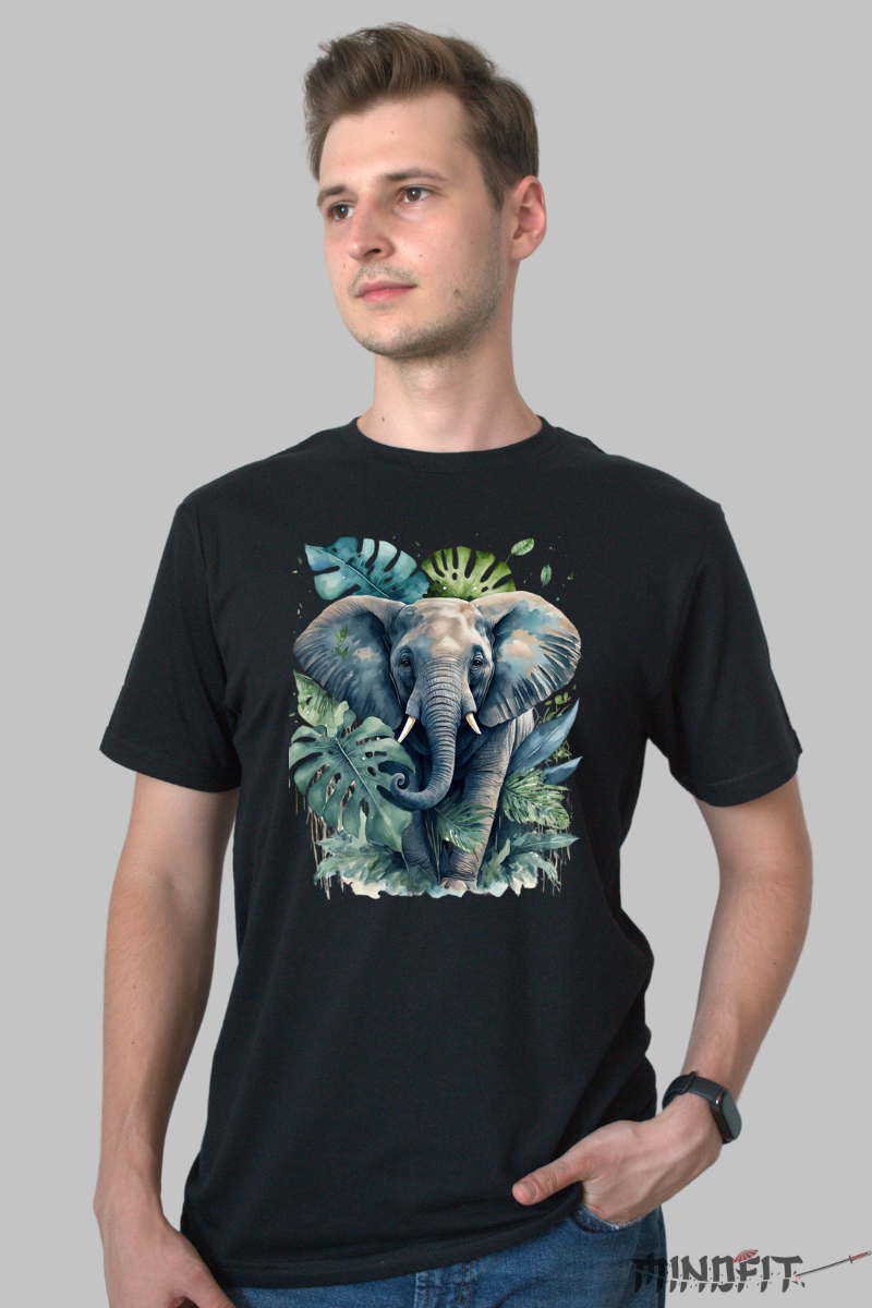 Tricou cu Elefant in Savana barbat negru fata