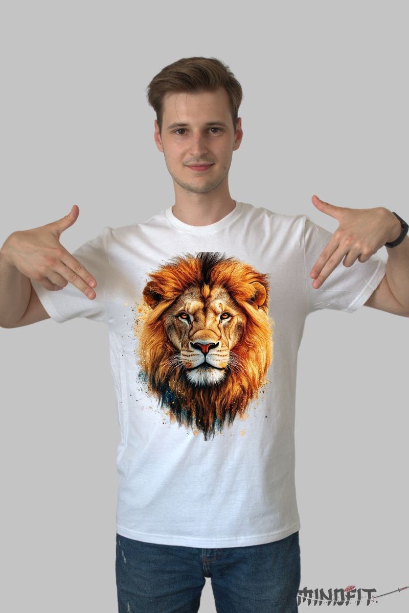 Tricou cu Leu Puternic barbat alb fata