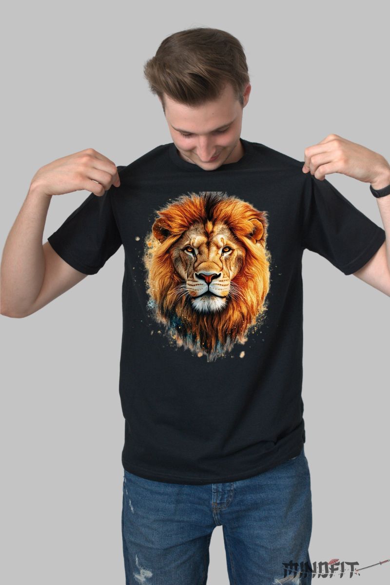 Tricou cu Leu Puternic barbat negru fata