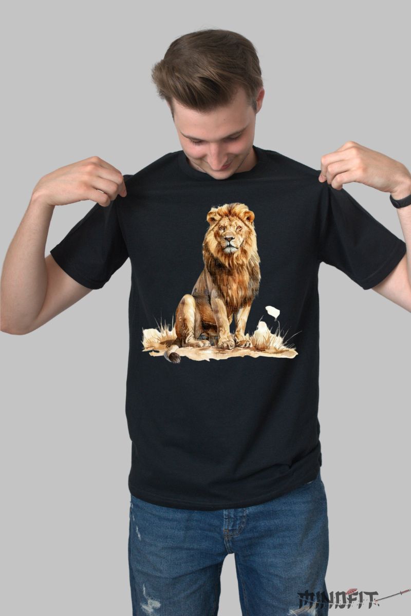 Tricou cu Leu in Natura barbat negru fata