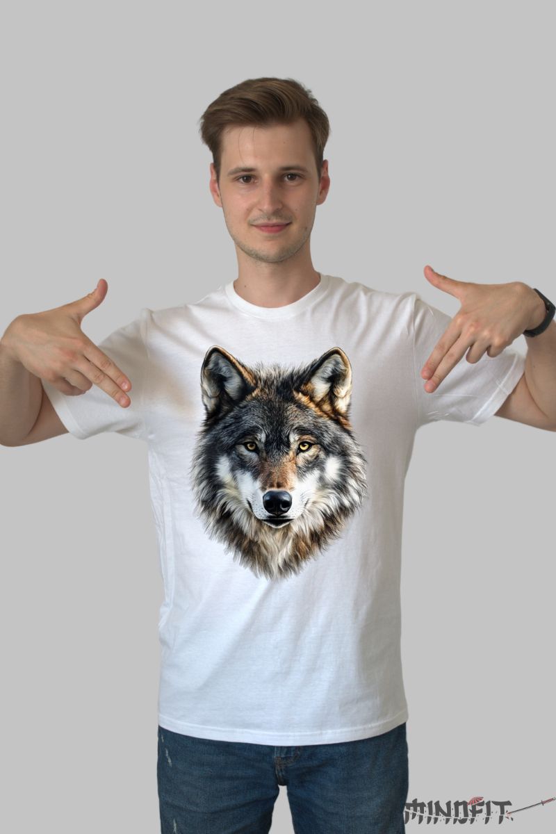 Tricou cu Lup Impunator barbat alb fata