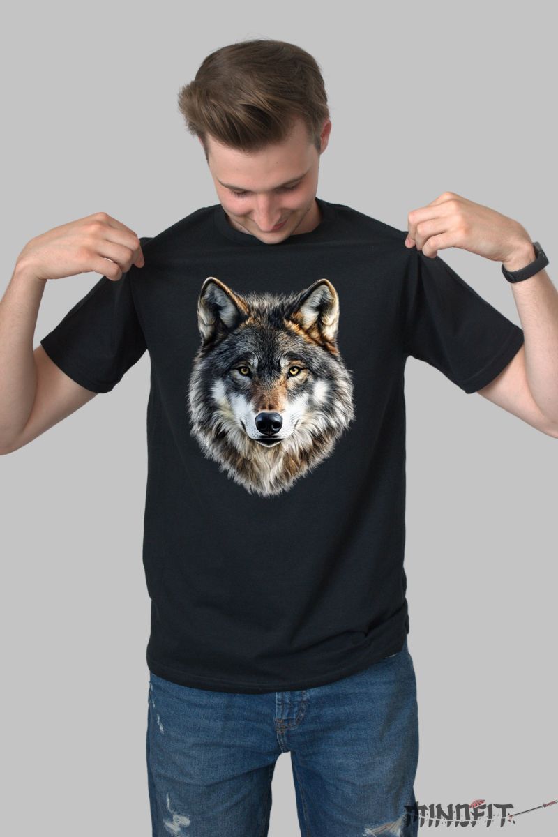 Tricou cu Lup Impunator barbat negru fata