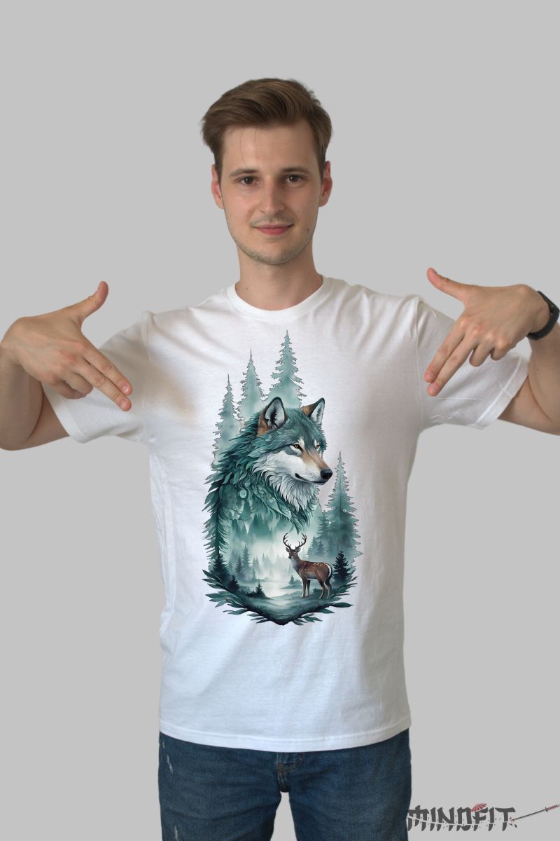 Tricou cu Lup Singuratic barbat alb fata