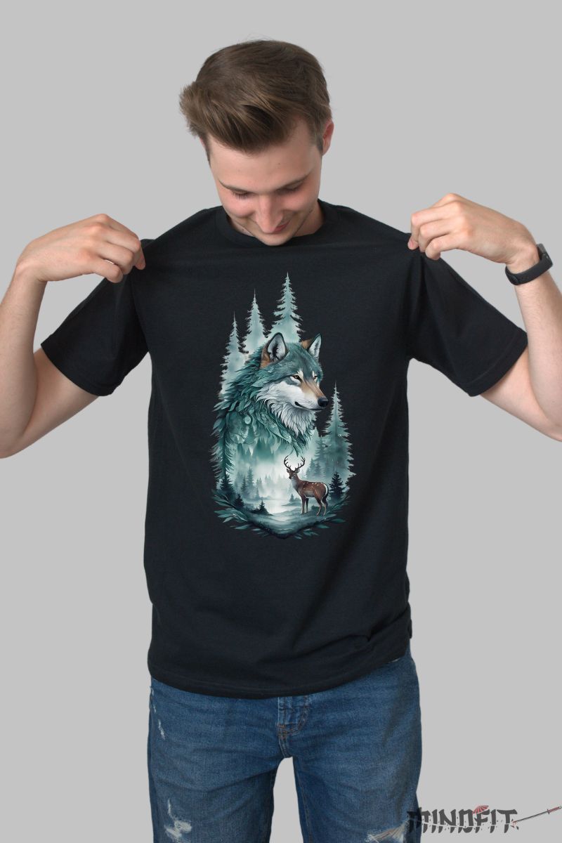 Tricou cu Lup Singuratic barbat negru fata
