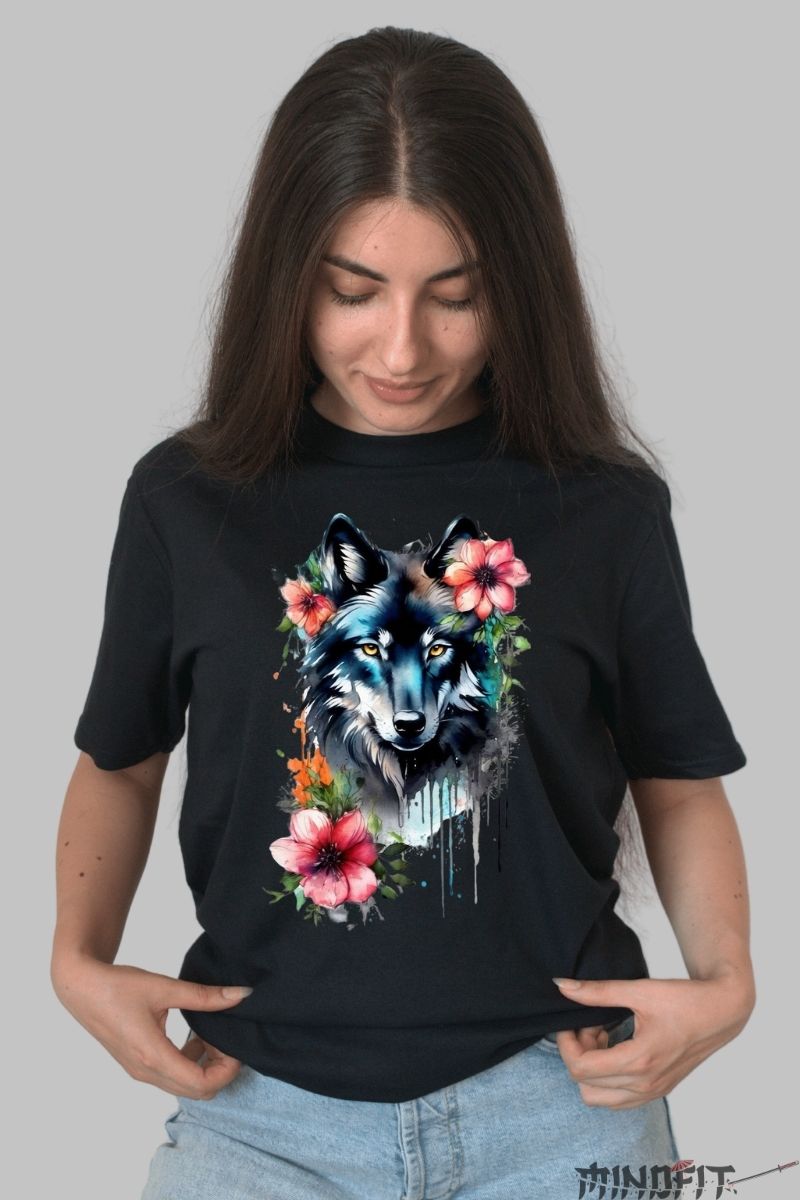 Tricou cu Lup si Flori dama negru fata