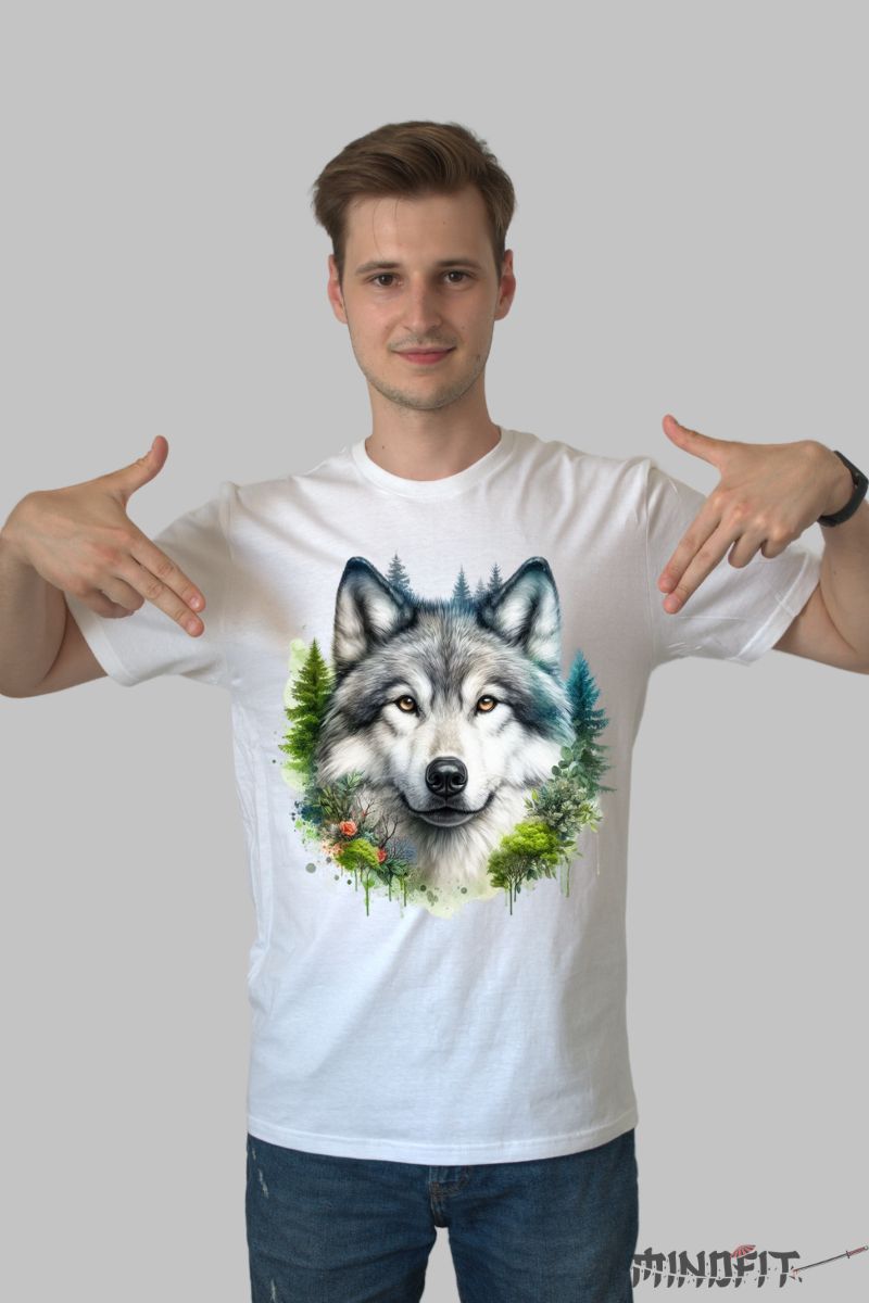 Tricou cu Lup si Natura barbat alb fata