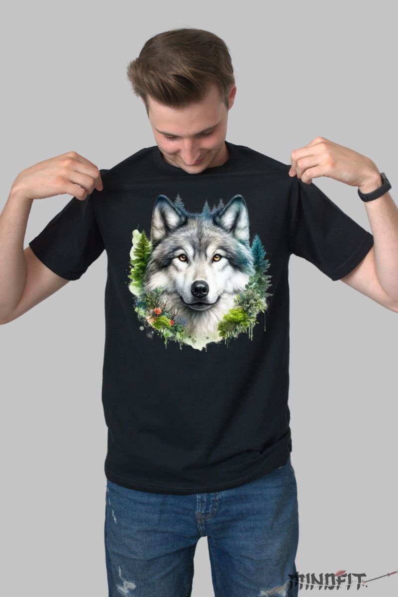 Tricou cu Lup si Natura barbat negru fata