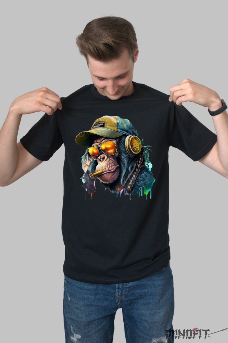 Tricou cu Maimuta Cool barbat negru fata
