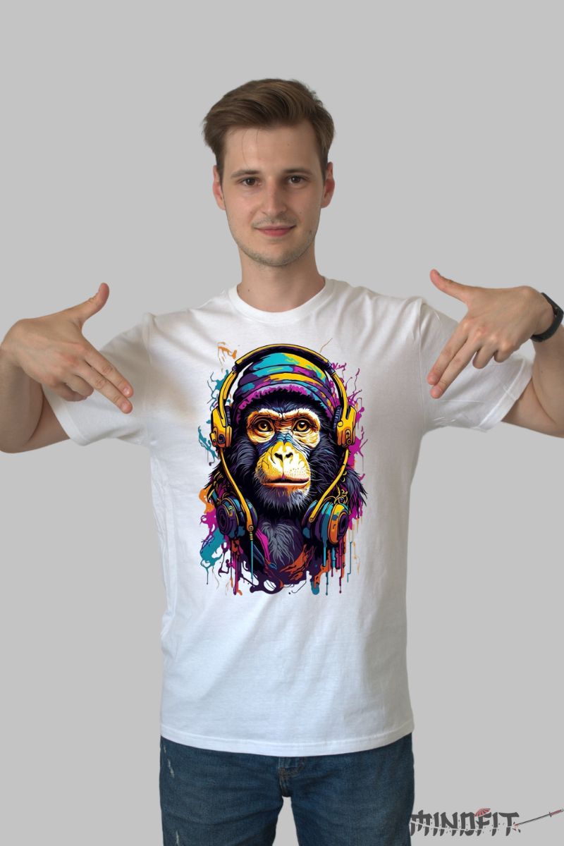 Tricou cu Maimuta Multicolora barbat alb fata