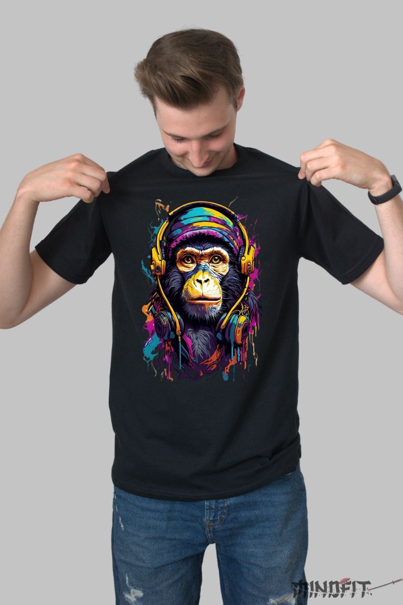 Tricou cu Maimuta Multicolora barbat negru fata