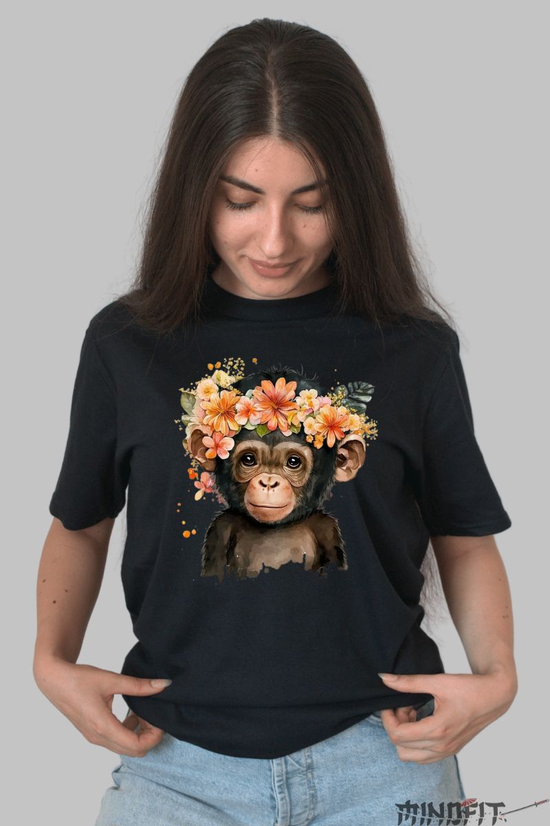 Tricou cu Maimuta Simpatica dama negru fata