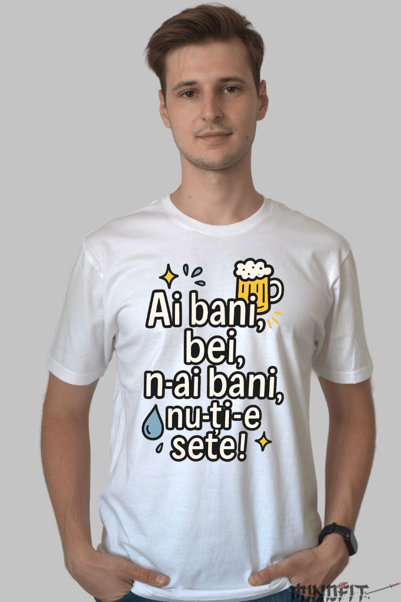 Tricou cu Mesaj Amuzant Ai bani barbat alb fata