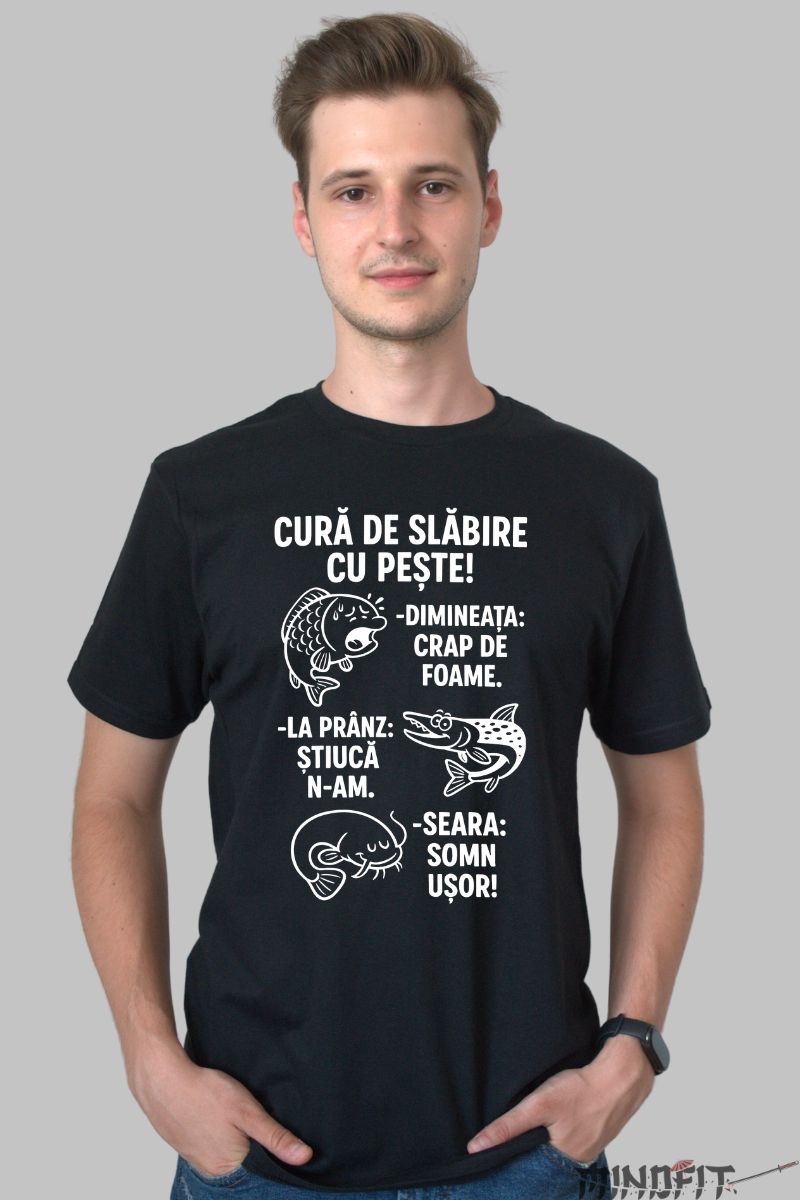 Tricou cu Mesaj Amuzant Cura de Slabire barbat negru fata