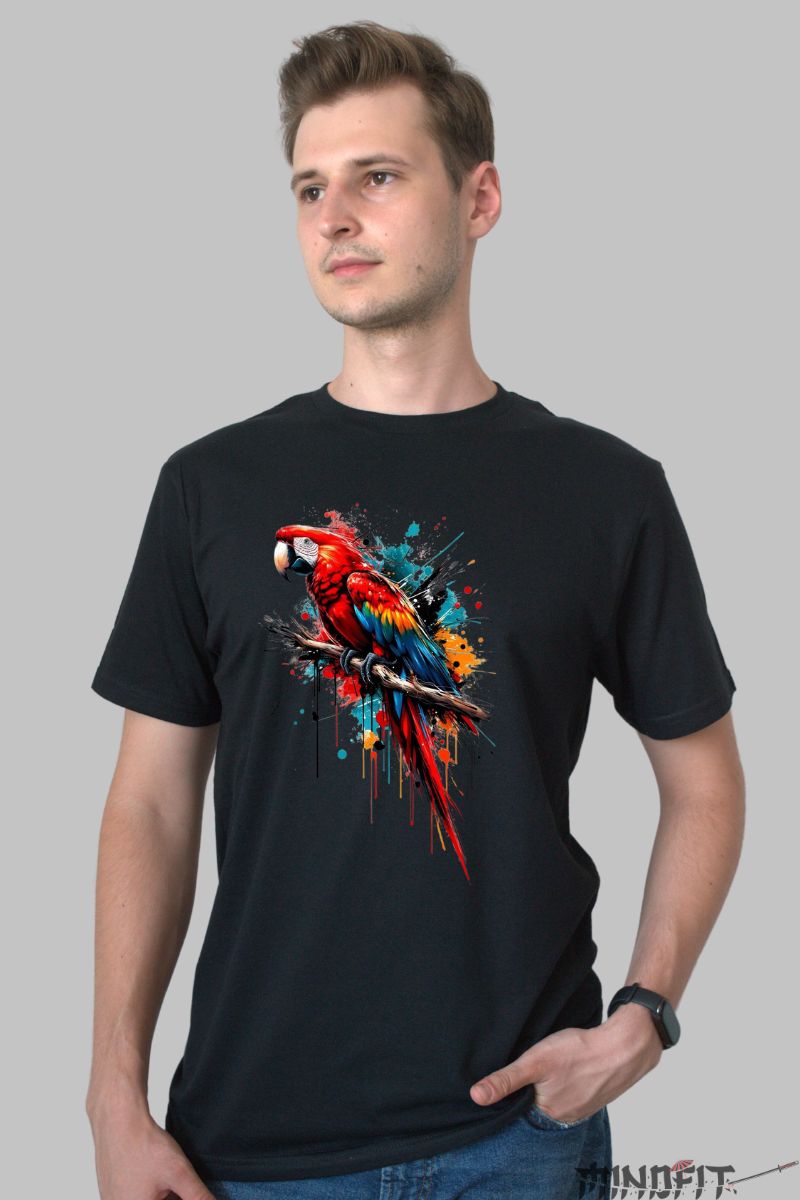 Tricou cu Papagal Vibrant barbat negru fata