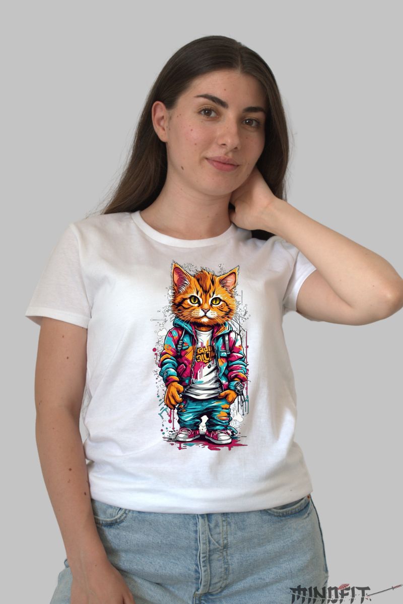 Tricou cu Pisica 3D Cool dama alb fata