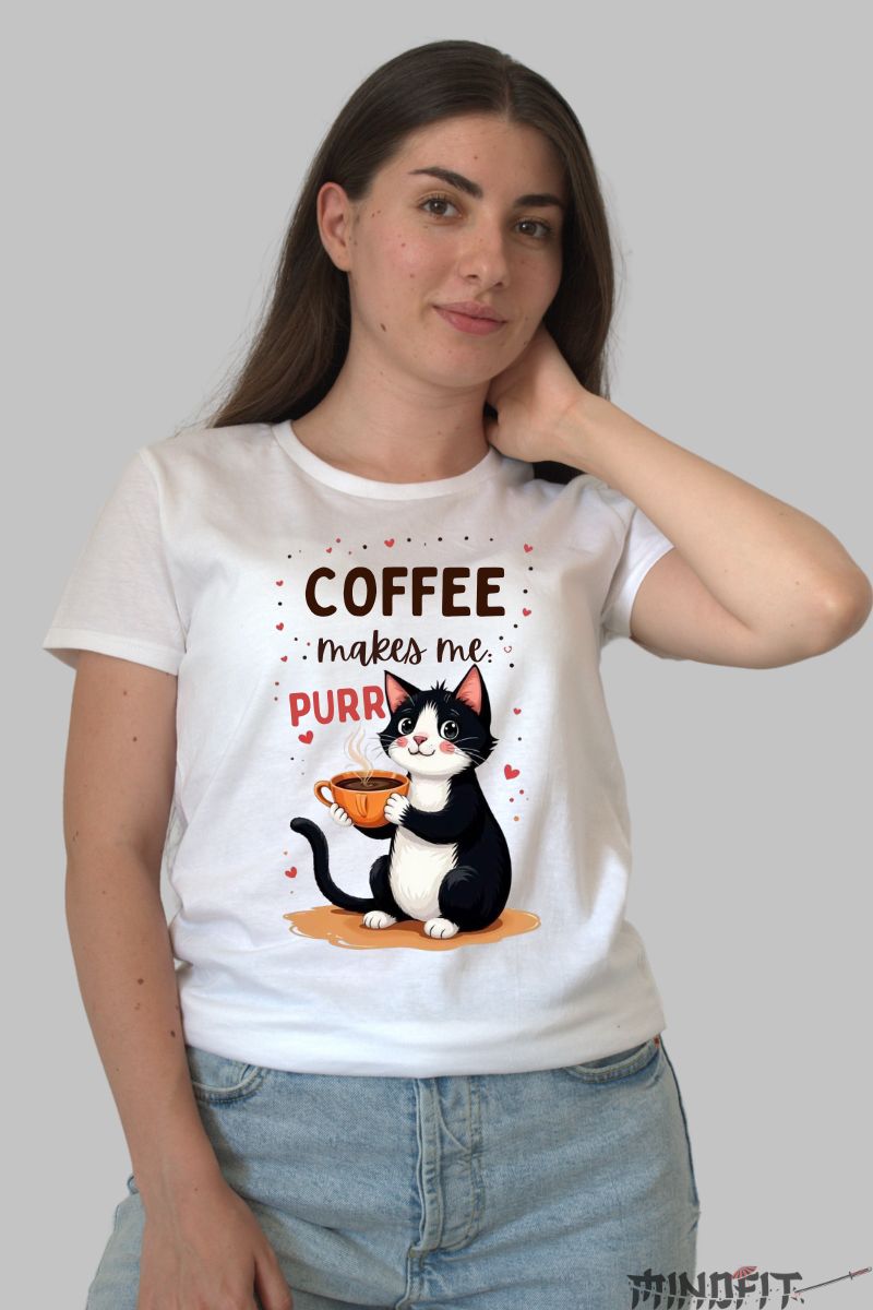 Tricou cu Pisica "Coffee Makes Me Purr" dama alb fata
