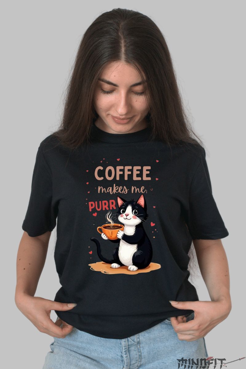 Tricou cu Pisica "Coffee Makes Me Purr" dama negru fata