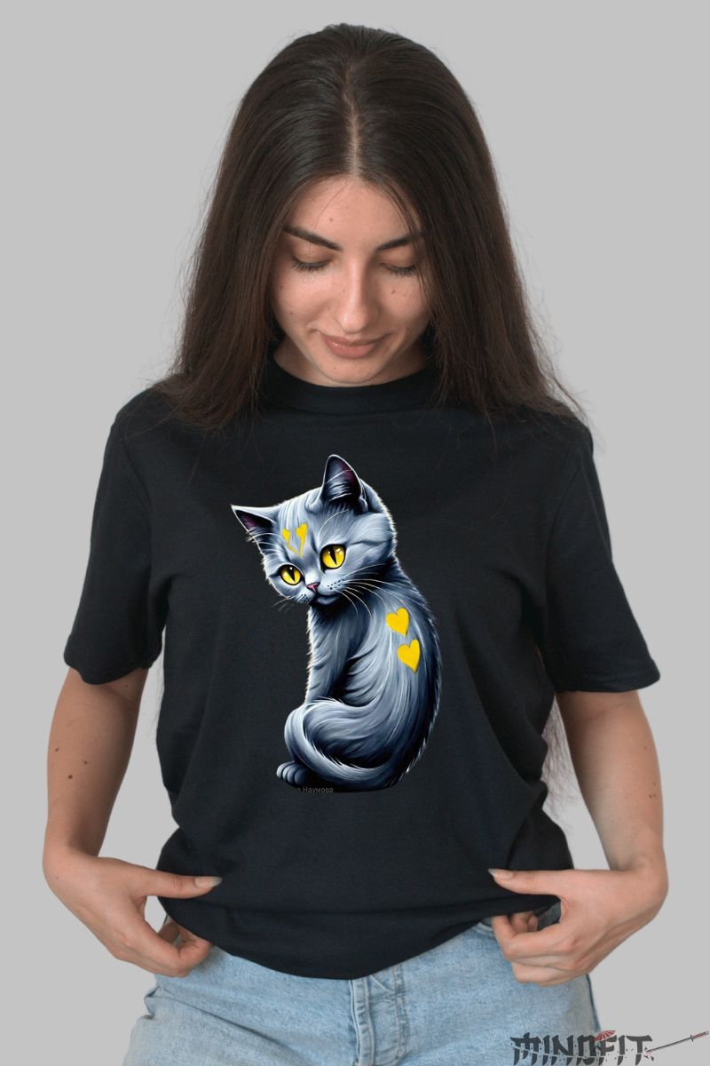 Tricou cu Pisica Draguta dama negru fata