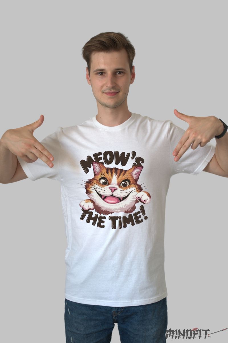Tricou cu Pisica Fericita "Meow's The Time!" barbat alb fata