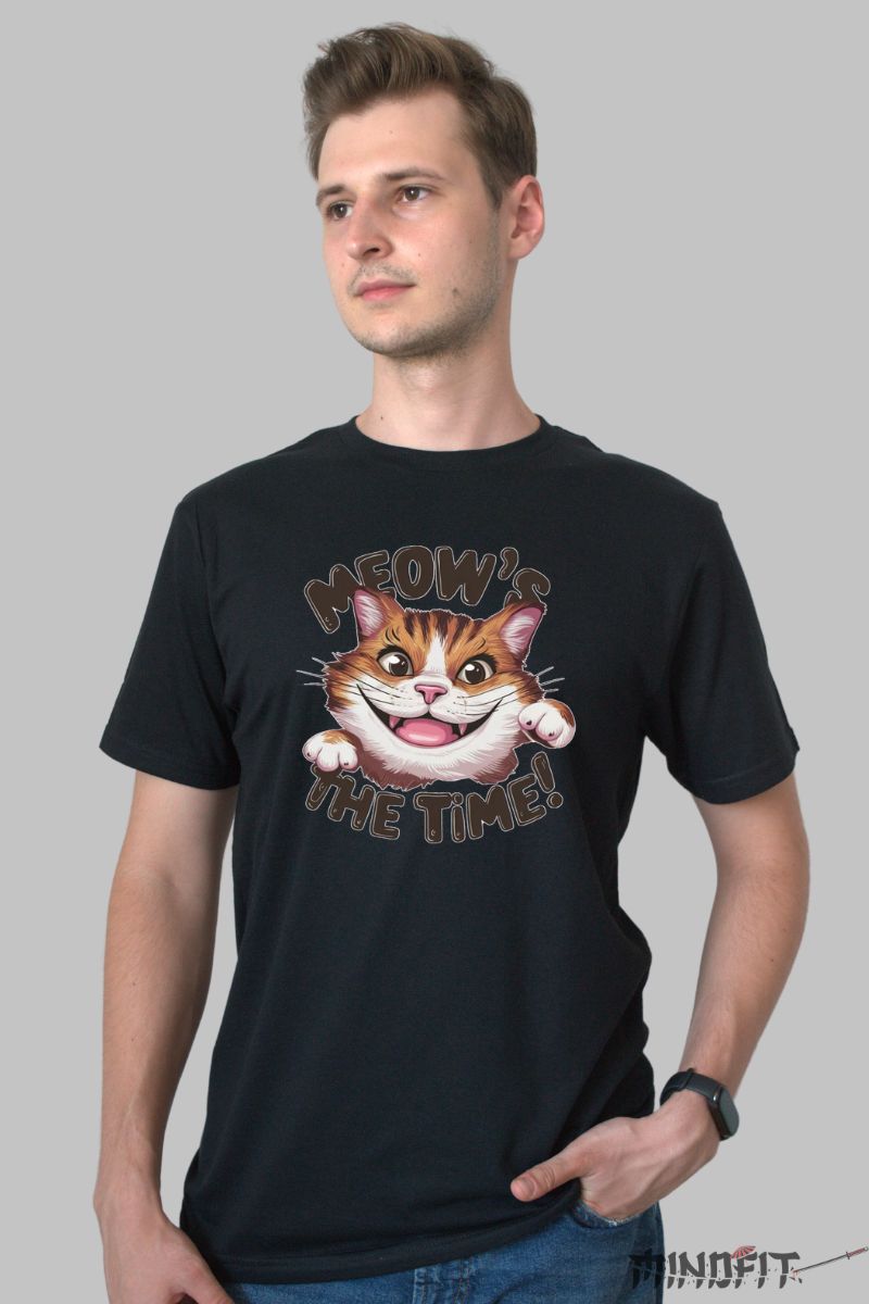 Tricou cu Pisica Fericita "Meow's The Time!" barbat negru fata