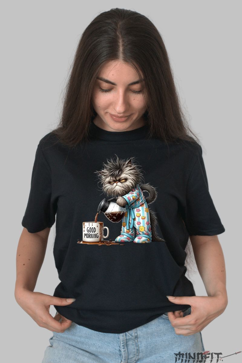 Tricou cu Pisica "Good Morning" dama negru fata
