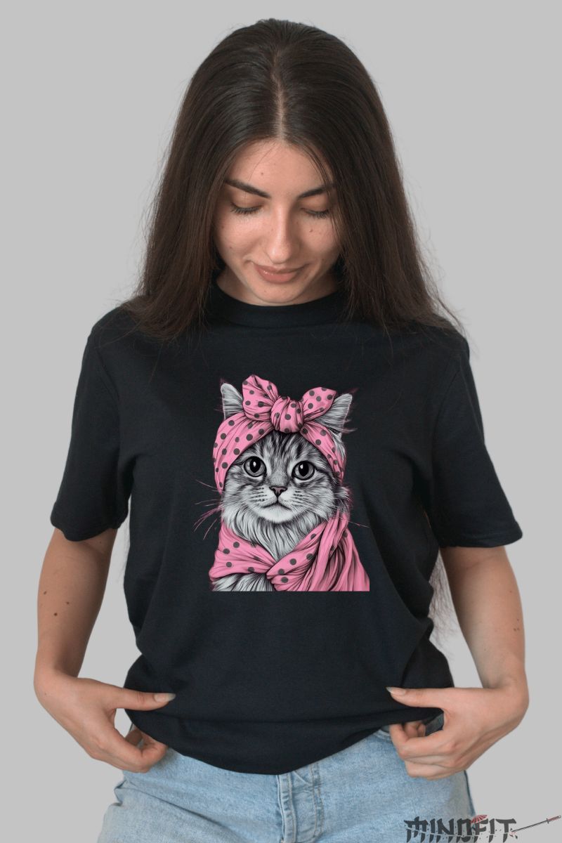 Tricou cu Pisica Gri Cute dama negru fata