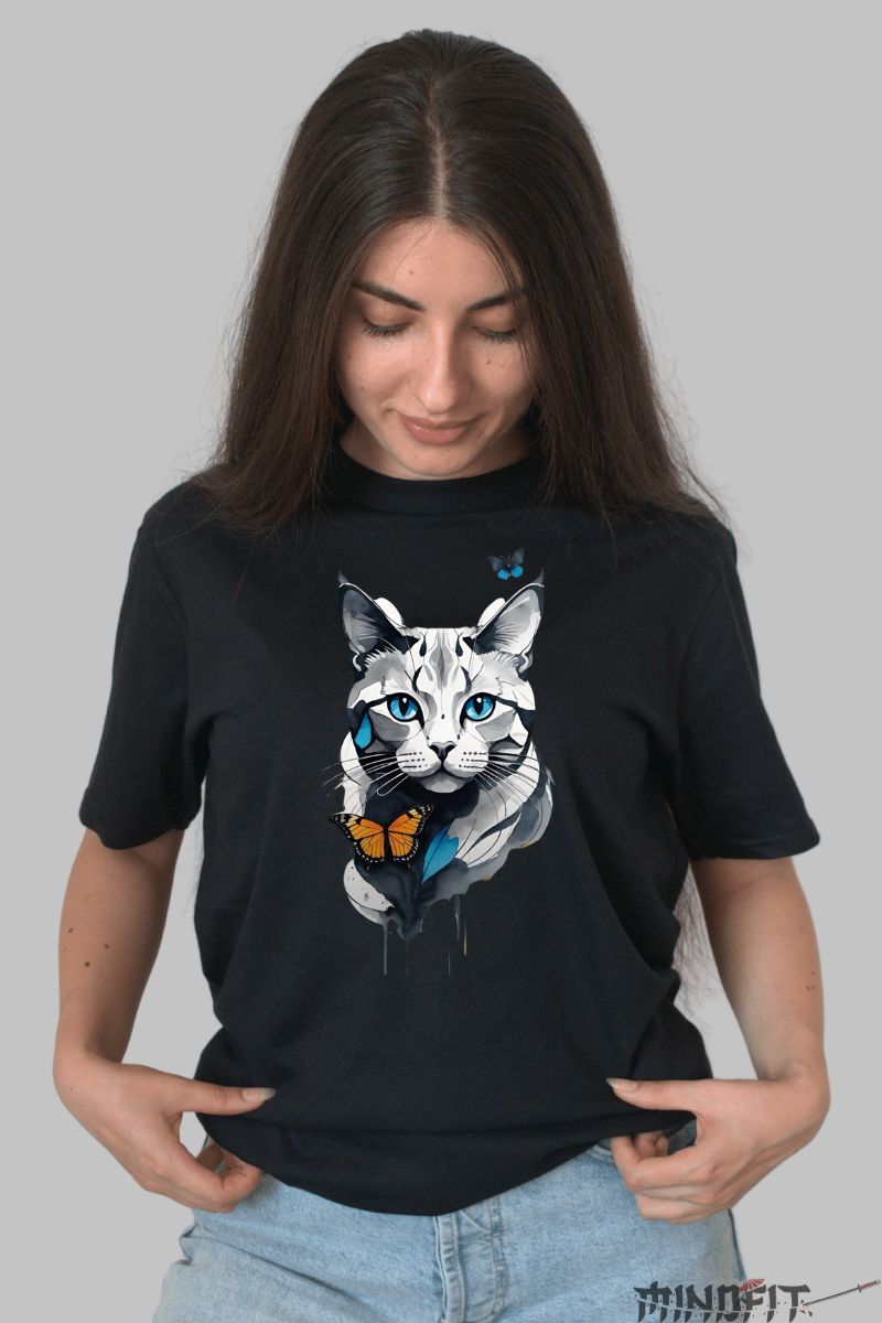 Tricou cu Pisica Gri dama negru fata
