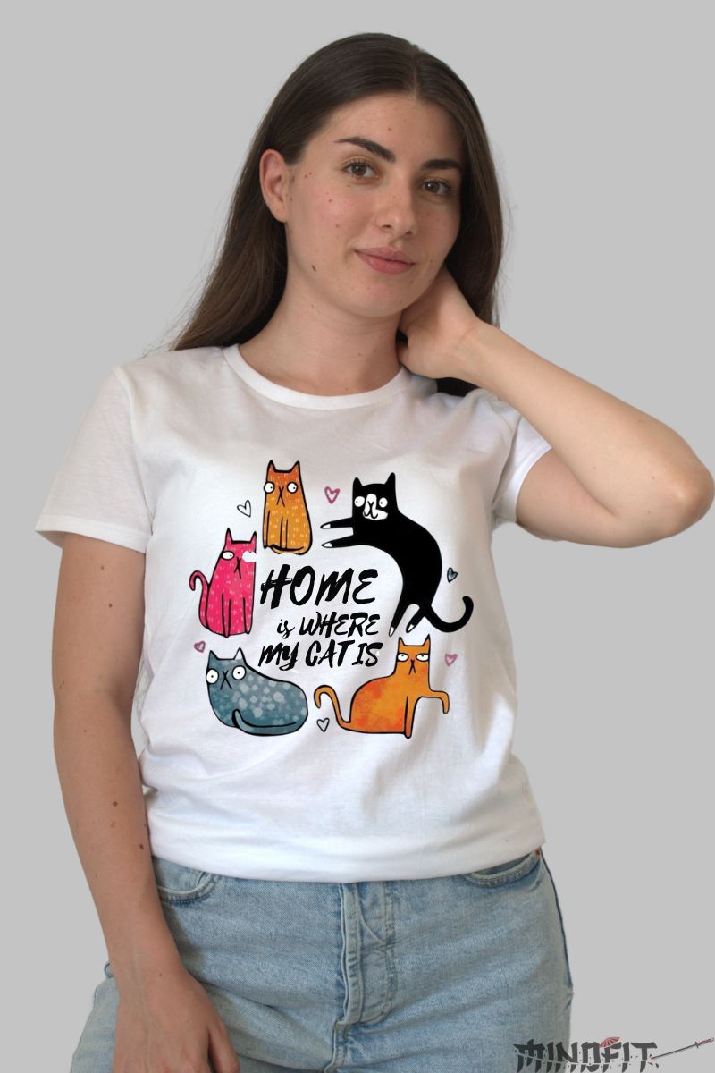 Tricou cu Pisica "Home Is Where My Cat Is" dama alb fata