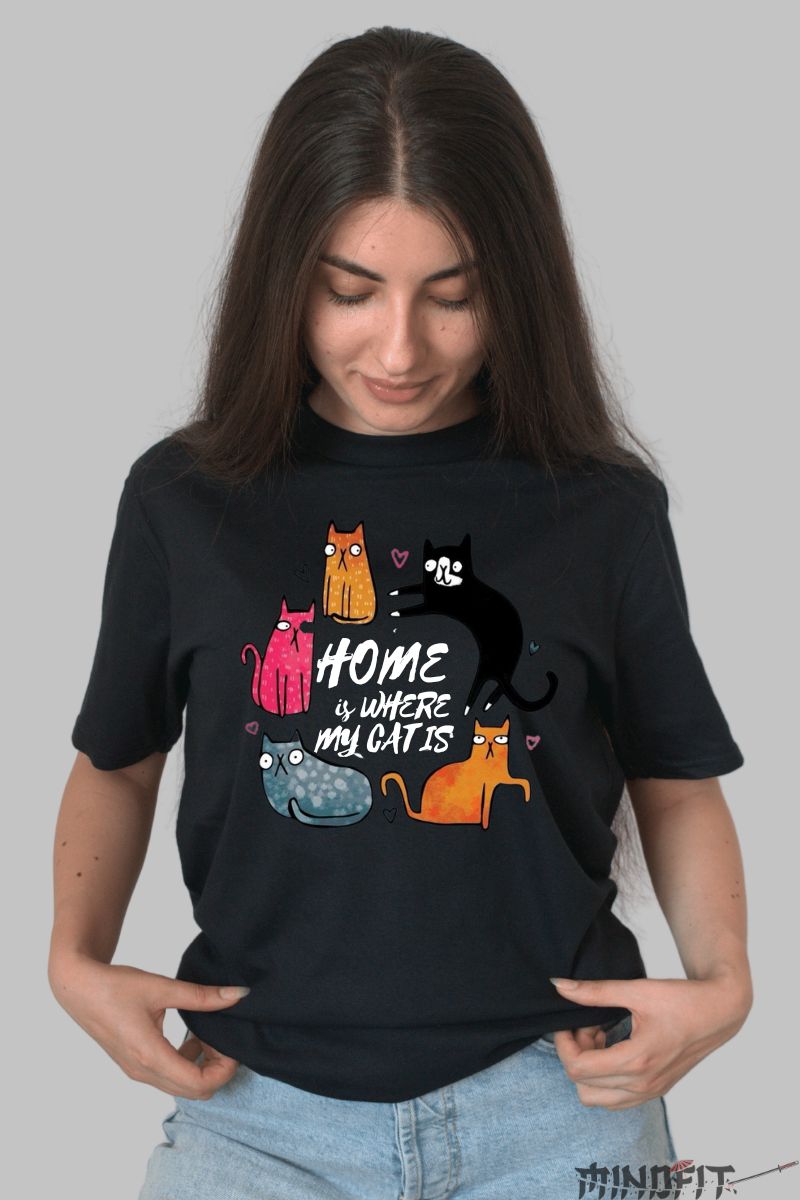 Tricou cu Pisica "Home Is Where My Cat Is" dama negru fata