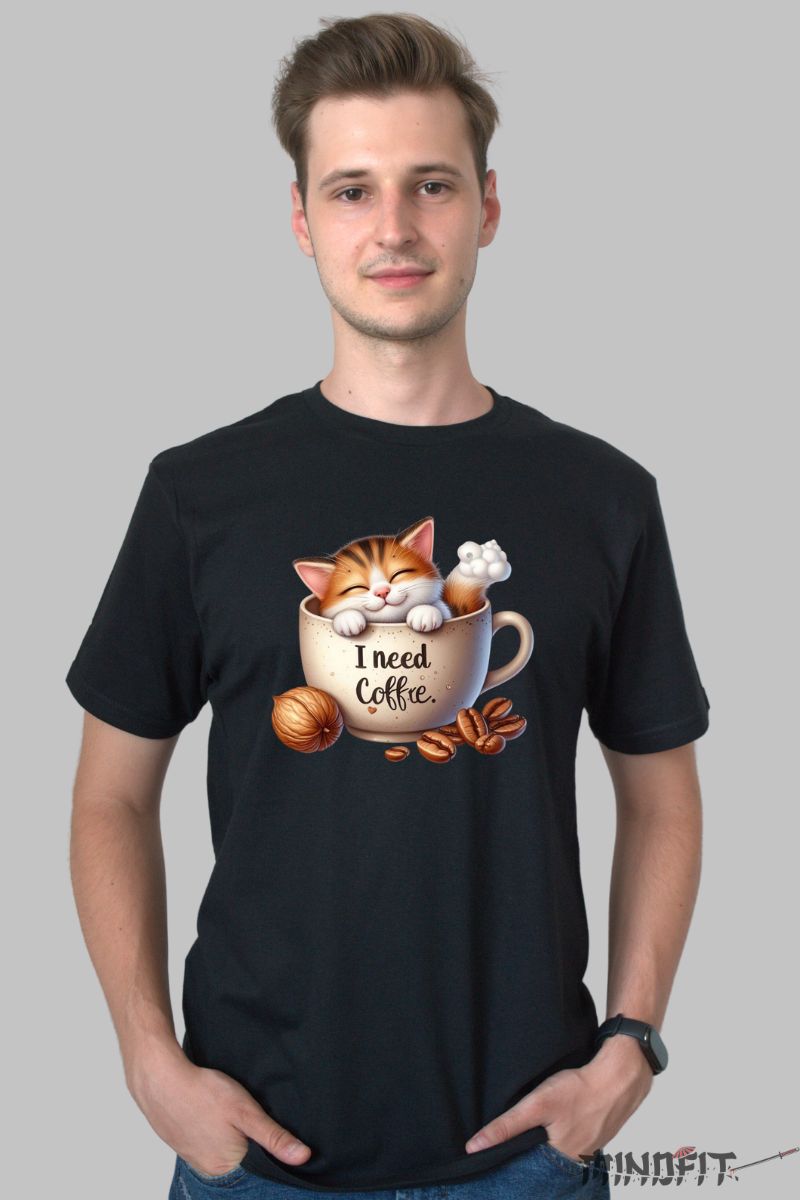 Tricou cu Pisica "I Need Coffee" Cabarbat negru fata