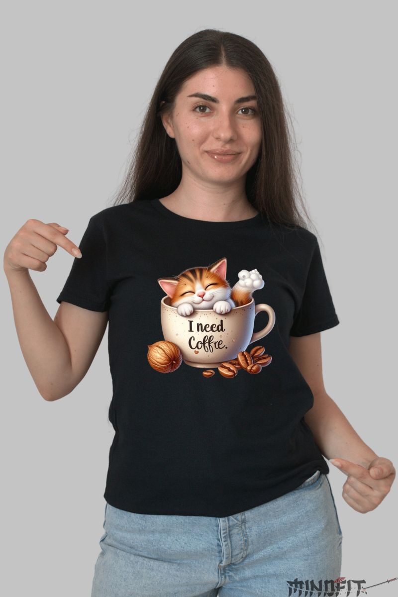 Tricou cu Pisica "I Need Coffee" dama negru fata