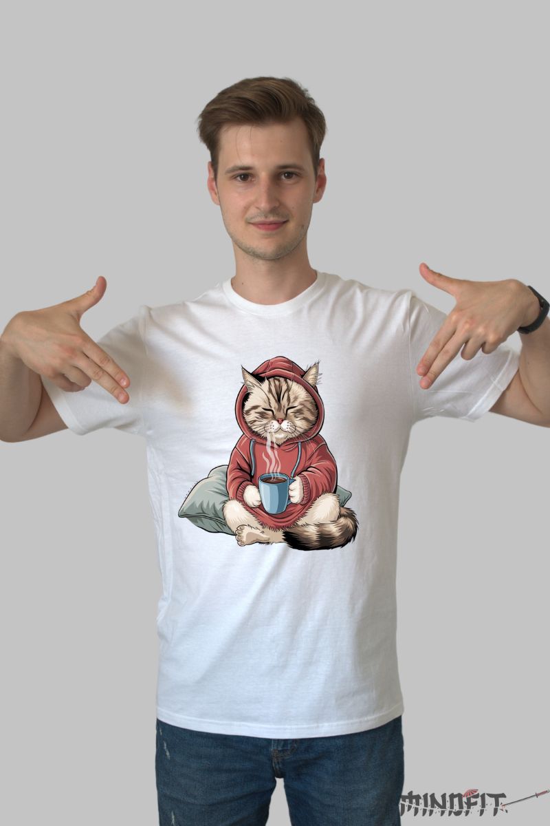 Tricou cu Pisica Lenesa barbat alb fata