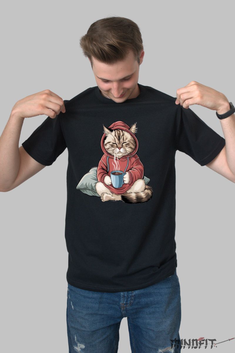 Tricou cu Pisica Lenesa barbat negru fata