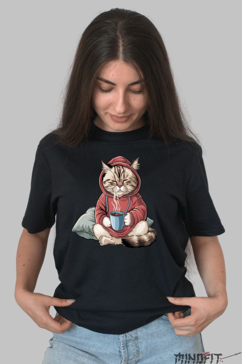 Tricou cu Pisica Lenesa dama negru fata