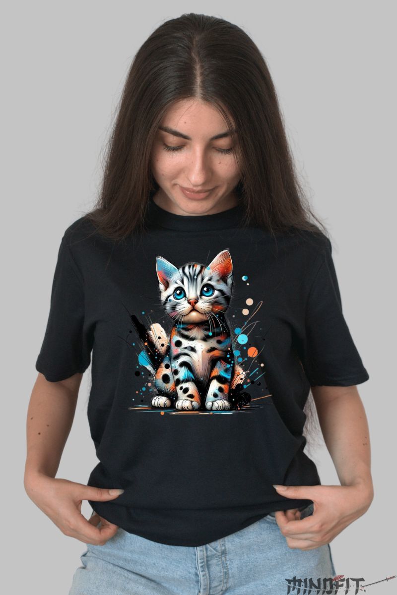 Tricou cu Pisica Miaumiau Multicolora dama negru fata
