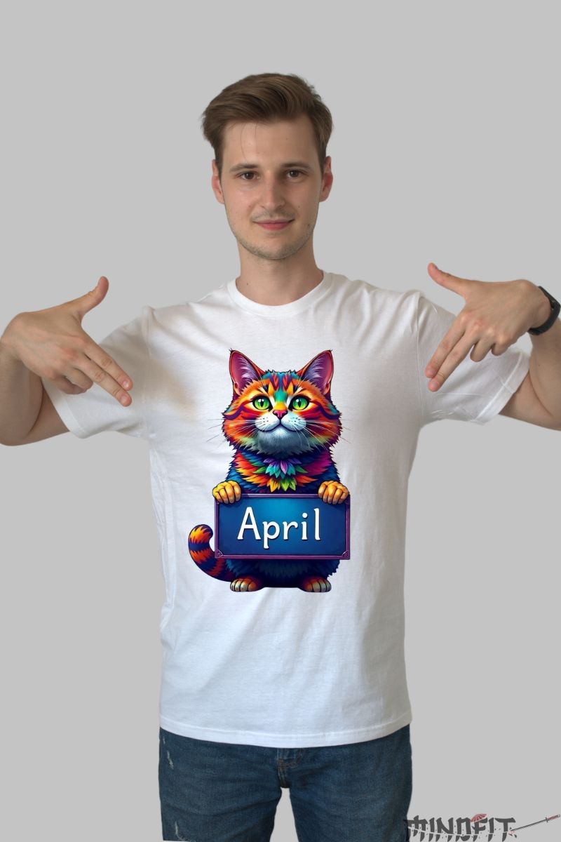 Tricou cu Pisica Multicolora "April" barbat alb fata