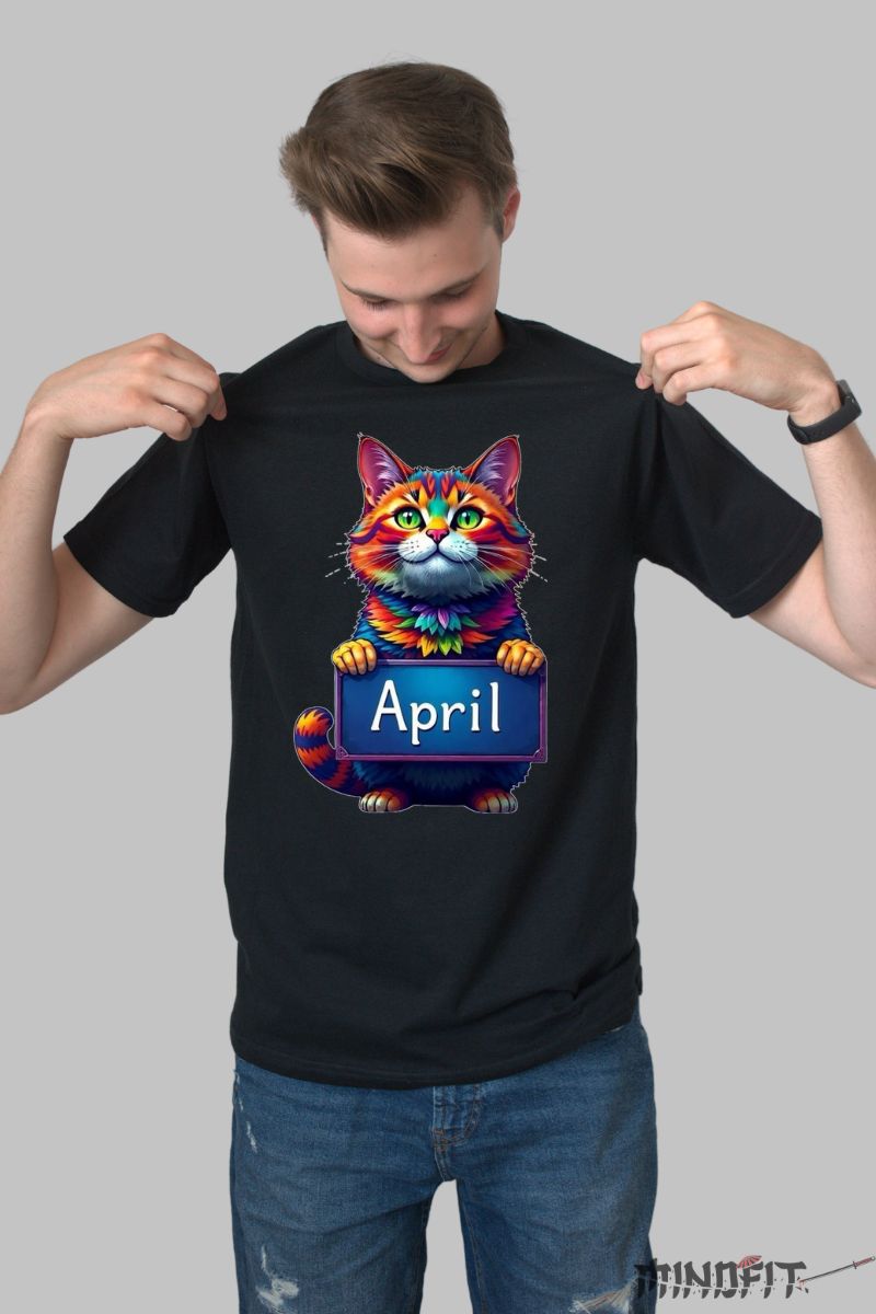 Tricou cu Pisica Multicolora "April" barbat negru fata