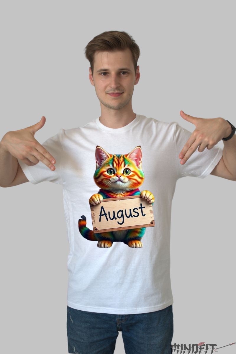 Tricou cu Pisica Multicolora "August" barbat alb fata
