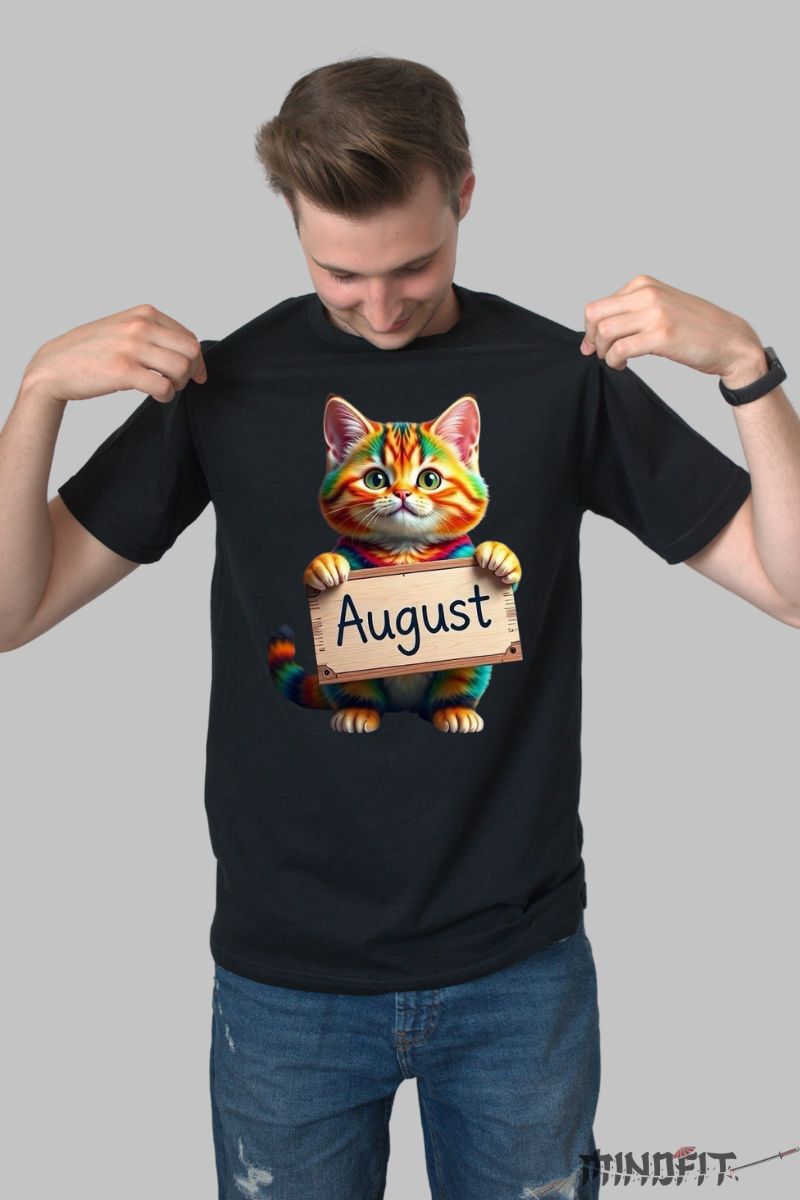 Tricou cu Pisica Multicolora "August" barbat negru fata