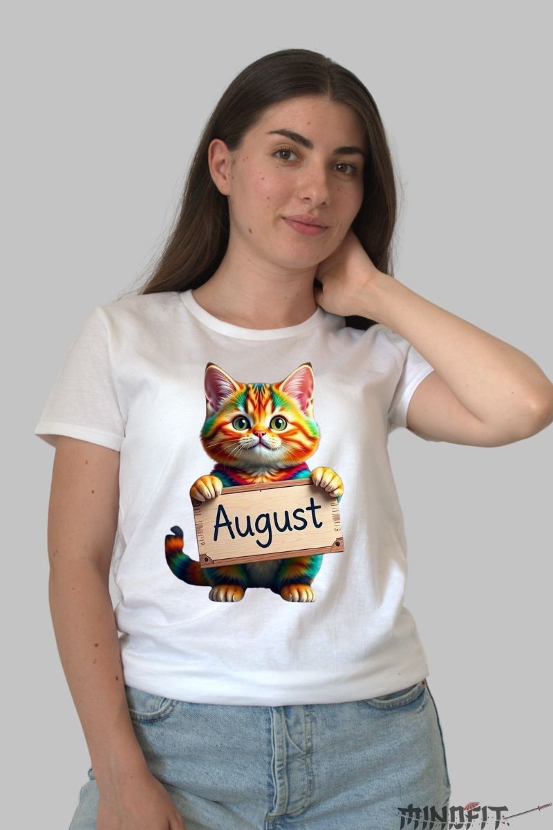 Tricou cu Pisica Multicolora "August" dama alb fata