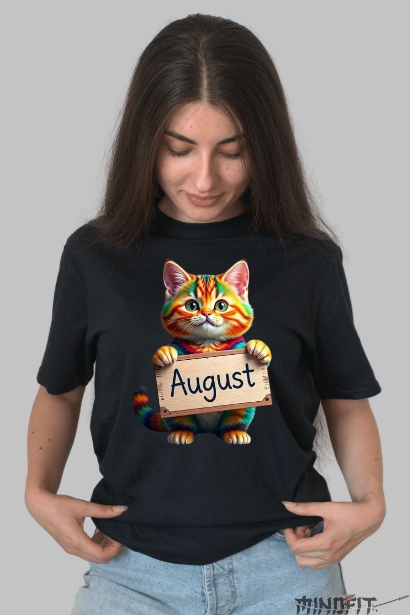 Tricou cu Pisica Multicolora "August" dama negru fata