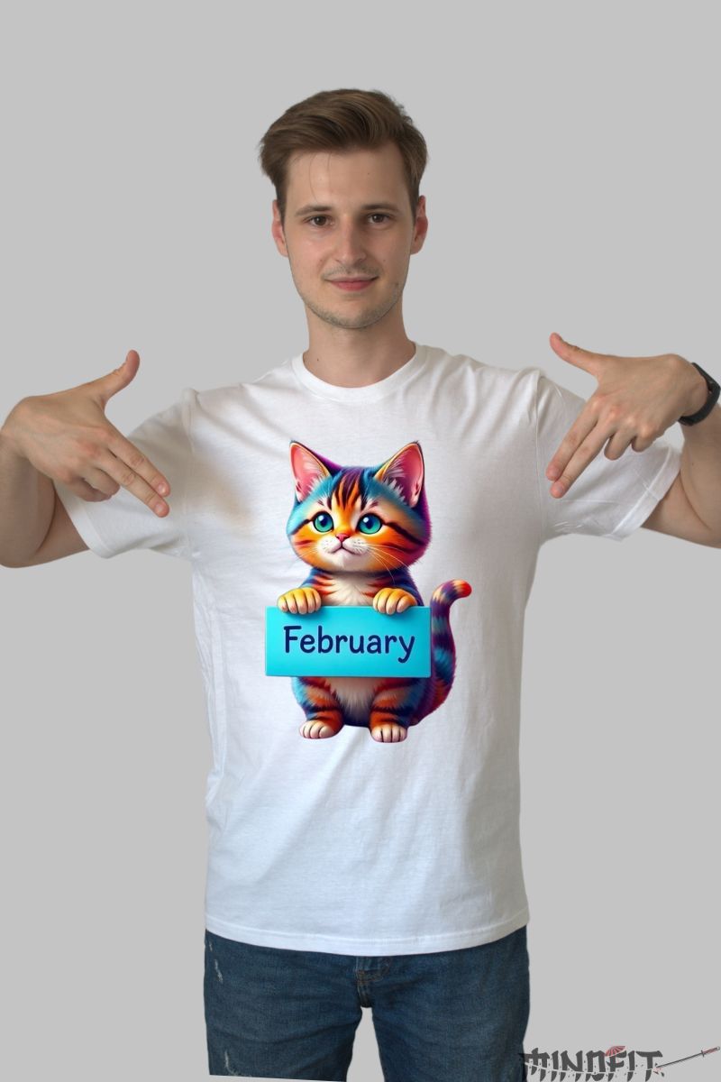 Tricou cu Pisica Multicolora "February" barbat alb fata