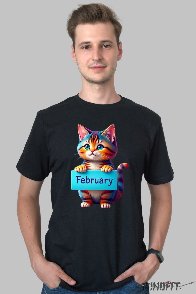 Tricou cu Pisica Multicolora "February" barbat negru fata